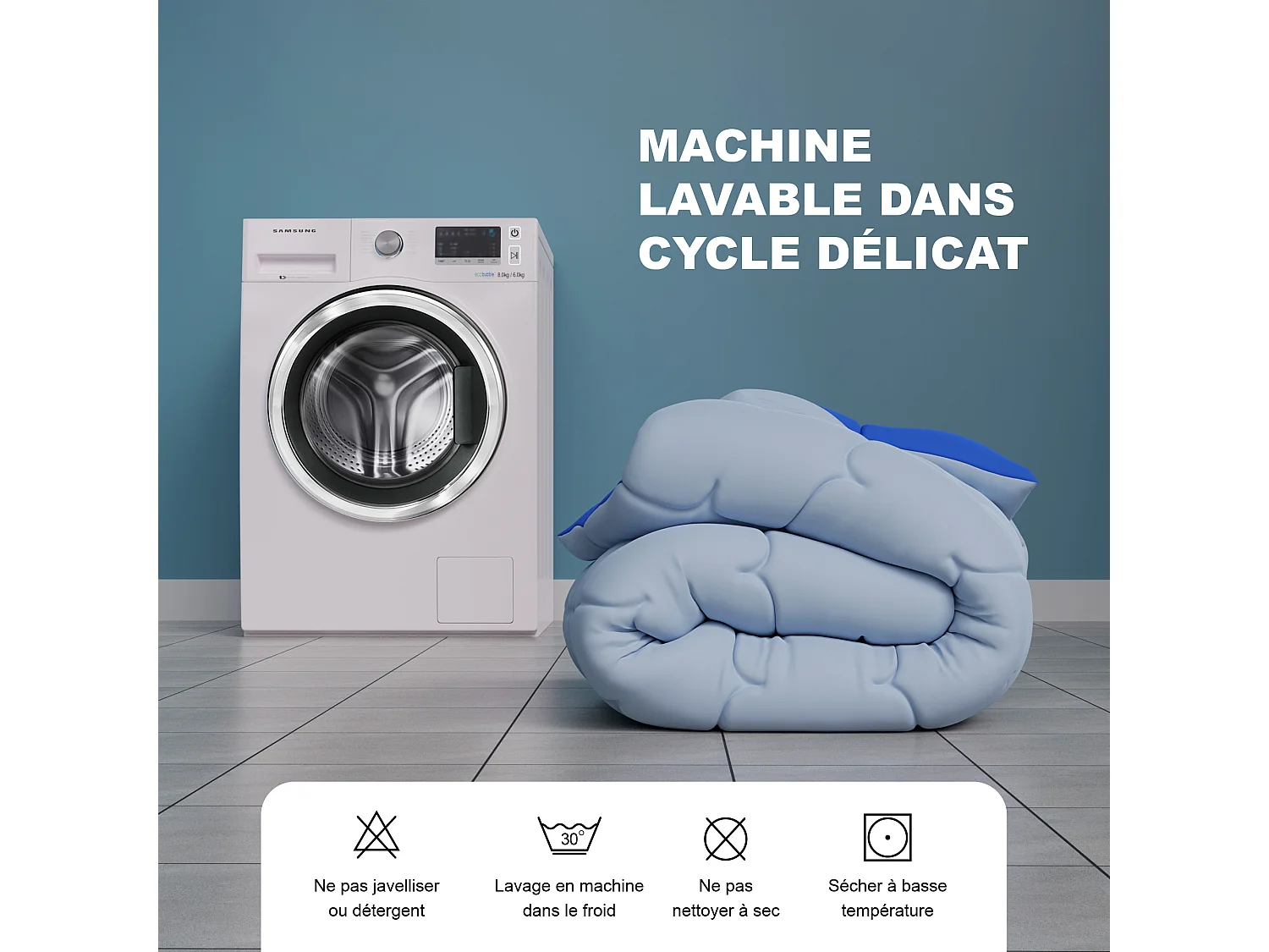 CASABEL Couette 240x260 cm Hiver Grand Froid Diamant - Bleu - Garnissage Haute Densité 700g/m² Fibre Creuse