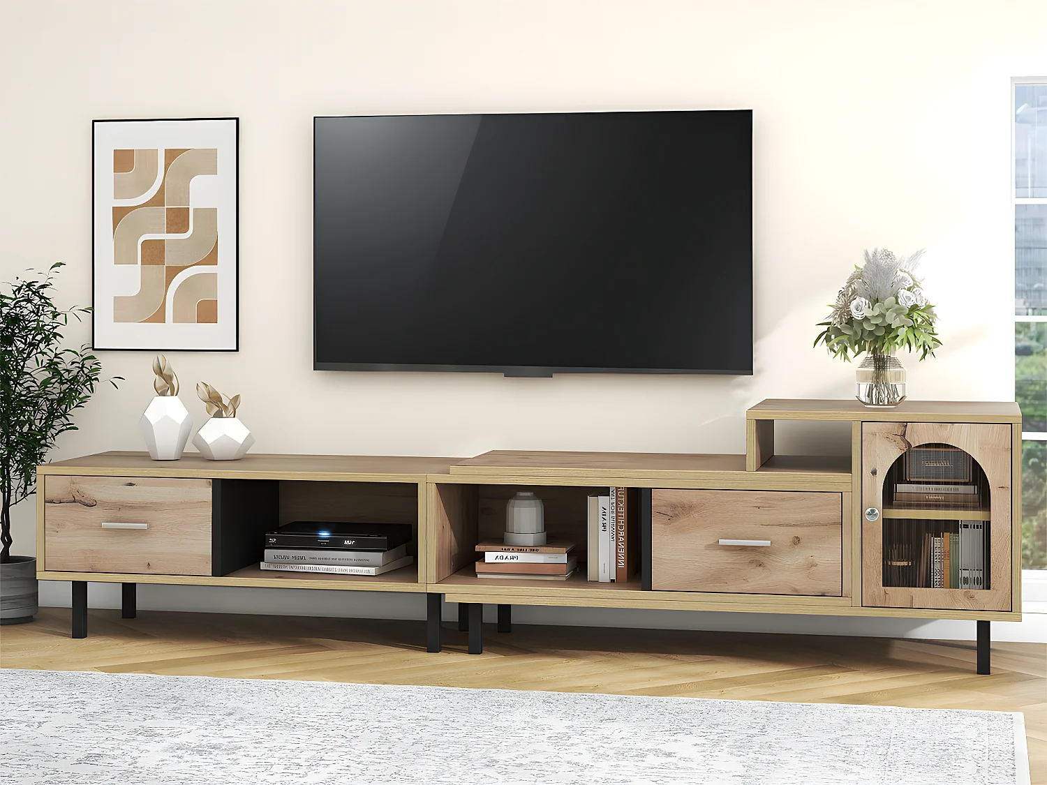 Mueble TV extensible de madera con 4 compartimentos 2 cajones 1 puerta de cristal - longitud 200 a 278 cm - Natural