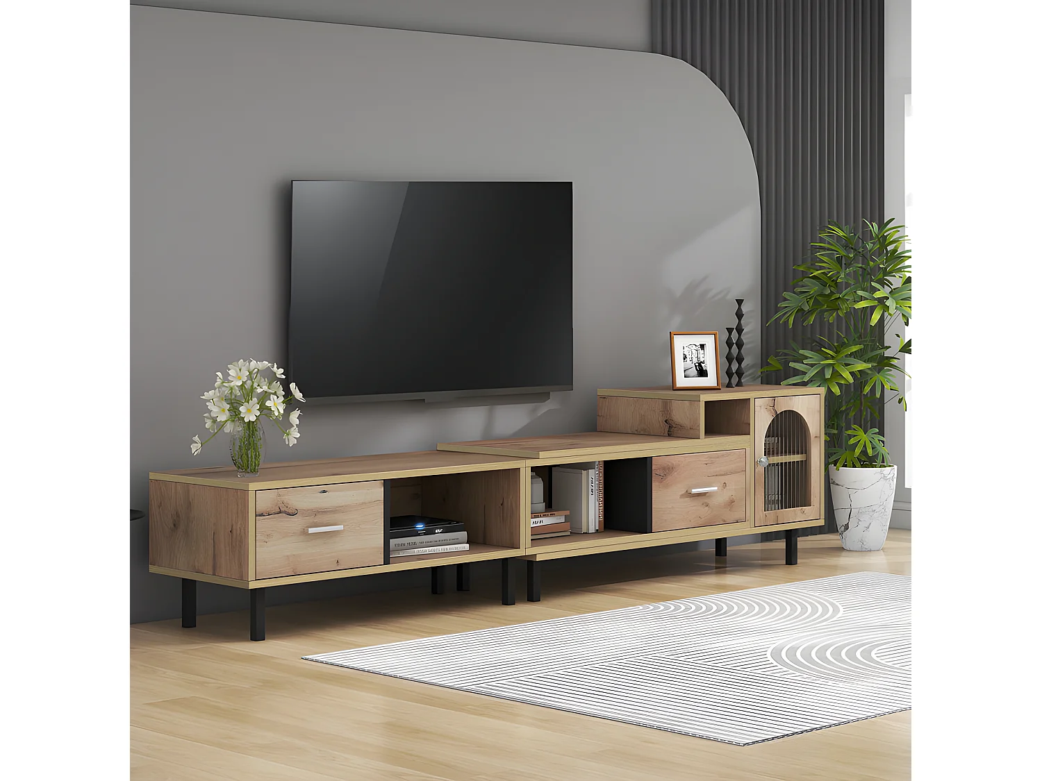 Mueble TV extensible de madera con 4 compartimentos 2 cajones 1 puerta de cristal - longitud 200 a 278 cm - Natural