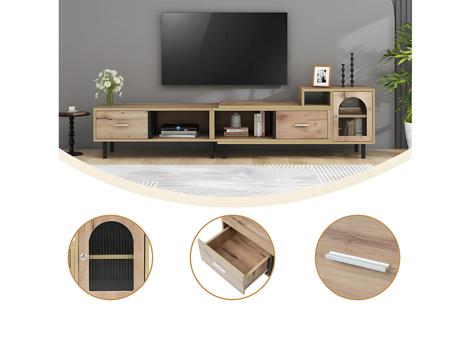 Mueble TV extensible de madera con 4 compartimentos 2 cajones 1 puerta de cristal - longitud 200 a 278 cm - Natural