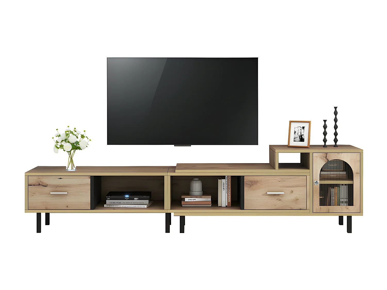 Mueble TV extensible de madera con 4 compartimentos 2 cajones 1 puerta de cristal - longitud 200 a 278 cm - Natural
