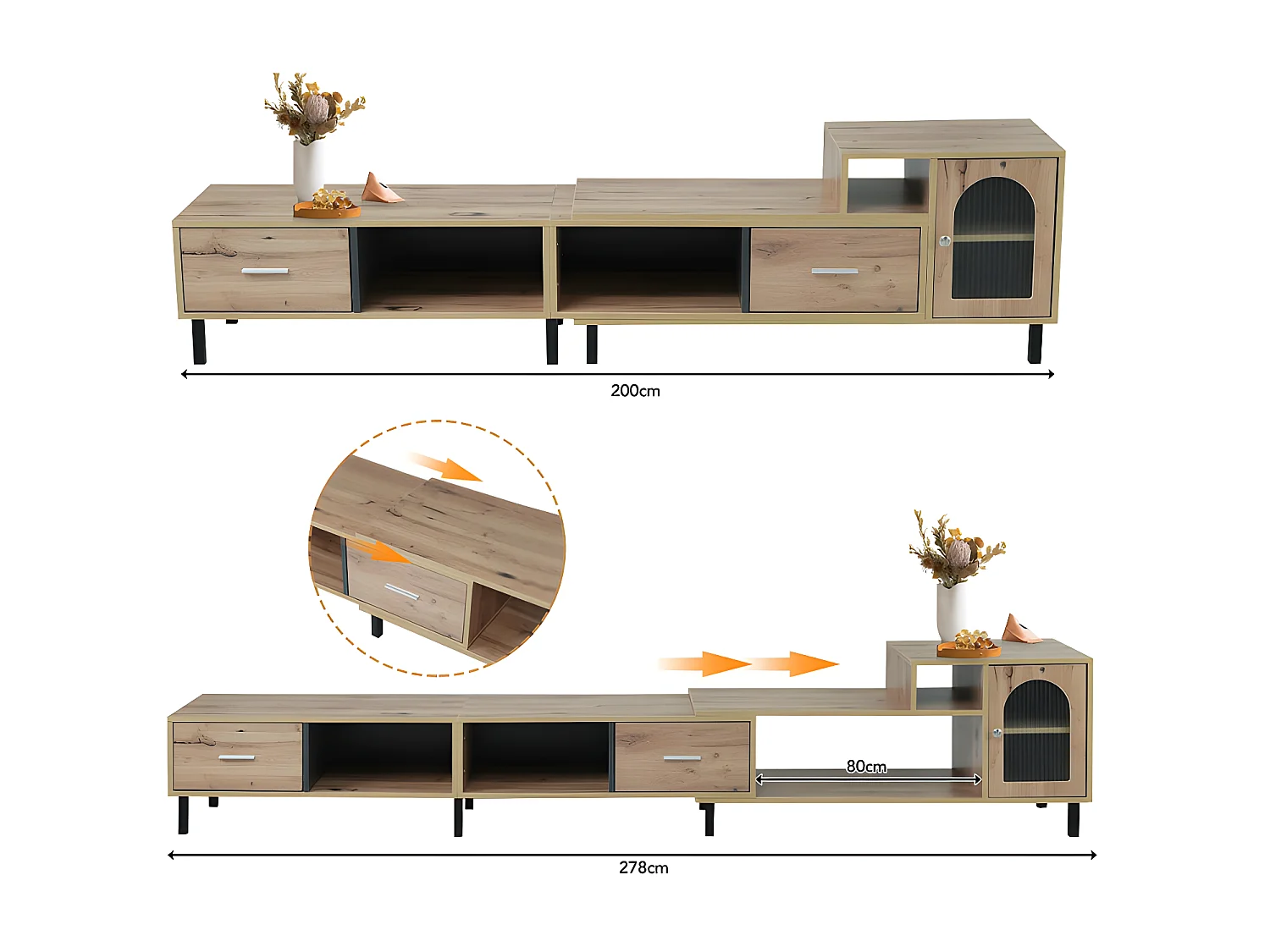 Mueble TV extensible de madera con 4 compartimentos 2 cajones 1 puerta de cristal - longitud 200 a 278 cm - Natural