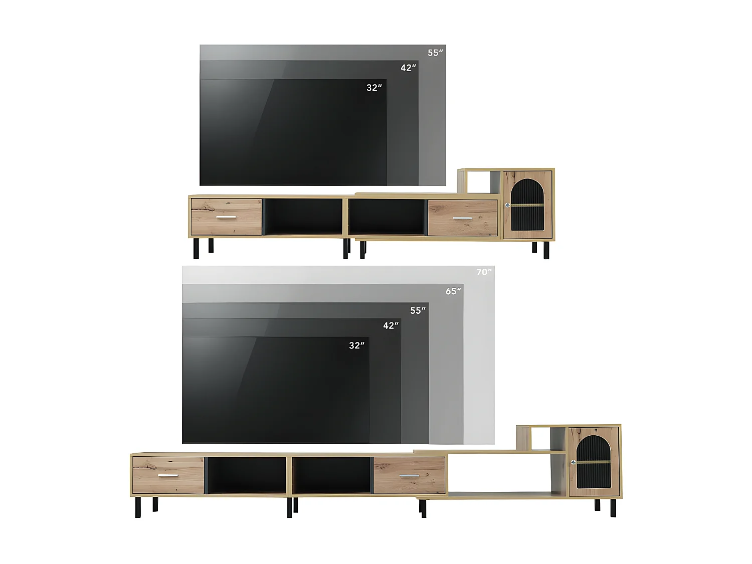 Mueble TV extensible de madera con 4 compartimentos 2 cajones 1 puerta de cristal - longitud 200 a 278 cm - Natural