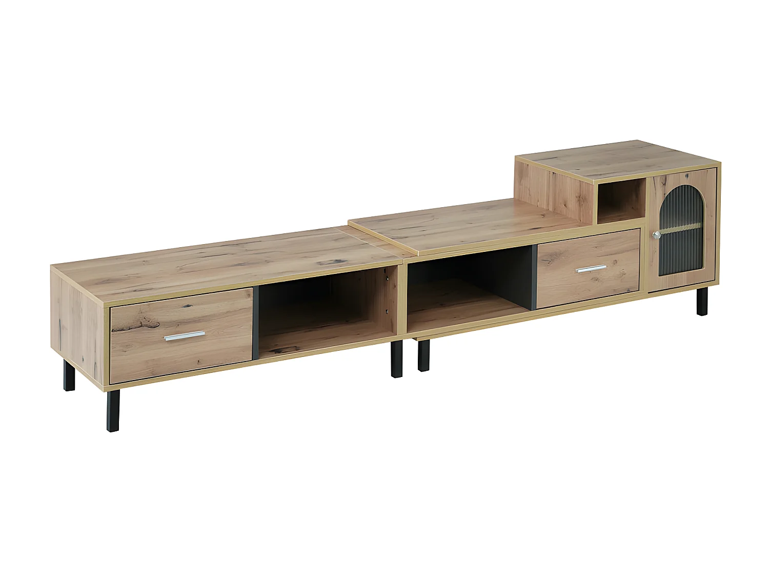 Mueble TV extensible de madera con 4 compartimentos 2 cajones 1 puerta de cristal - longitud 200 a 278 cm - Natural