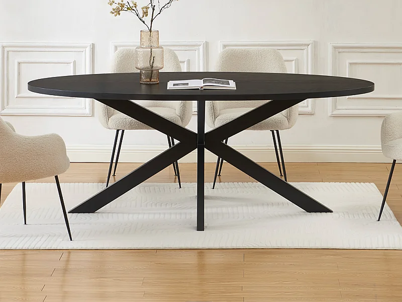 Table à manger 8 personnes placage chêne et métal - Noir - LINIOMA