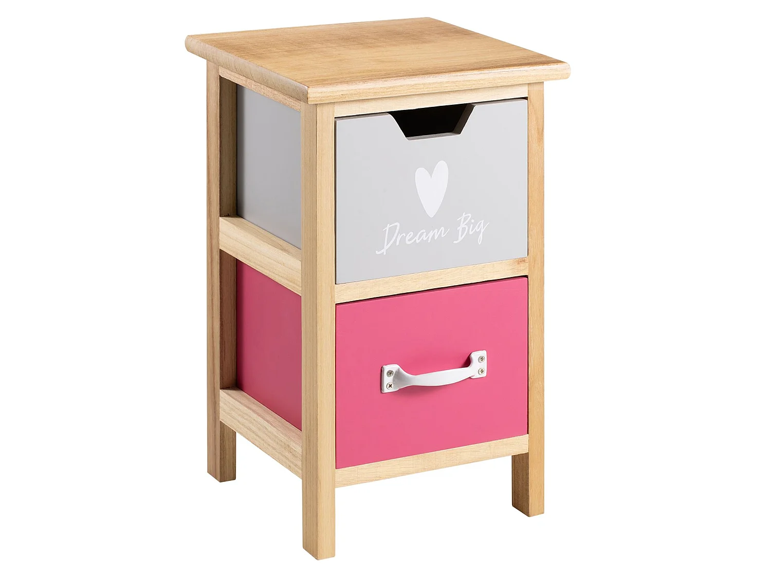 Table de chevet enfant ESTA petite commode en bois de paulownia naturel, 2 tiroirs gris et rose aux motifs coeur