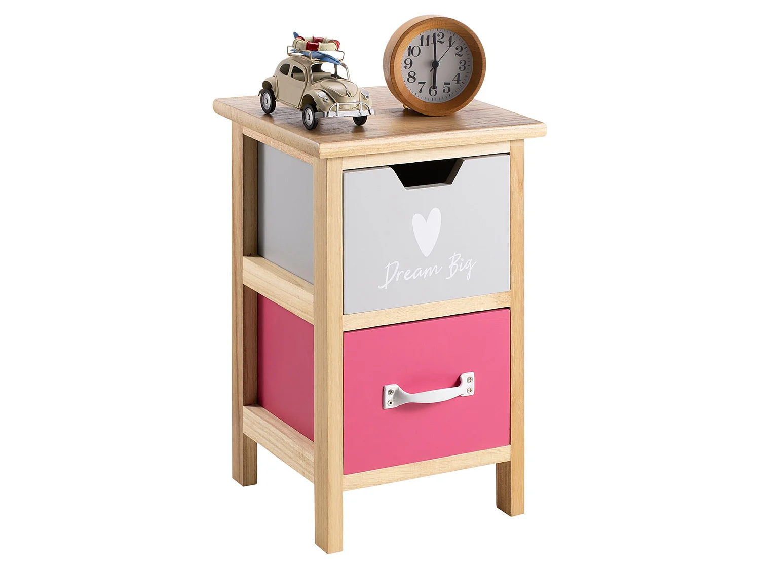Table de chevet enfant ESTA petite commode en bois de paulownia naturel, 2 tiroirs gris et rose aux motifs coeur