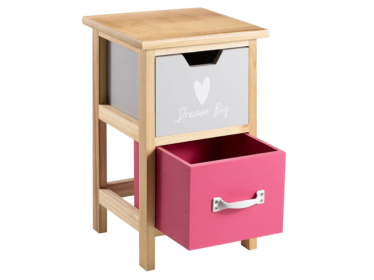 Table de chevet enfant ESTA petite commode en bois de paulownia naturel, 2 tiroirs gris et rose aux motifs coeur