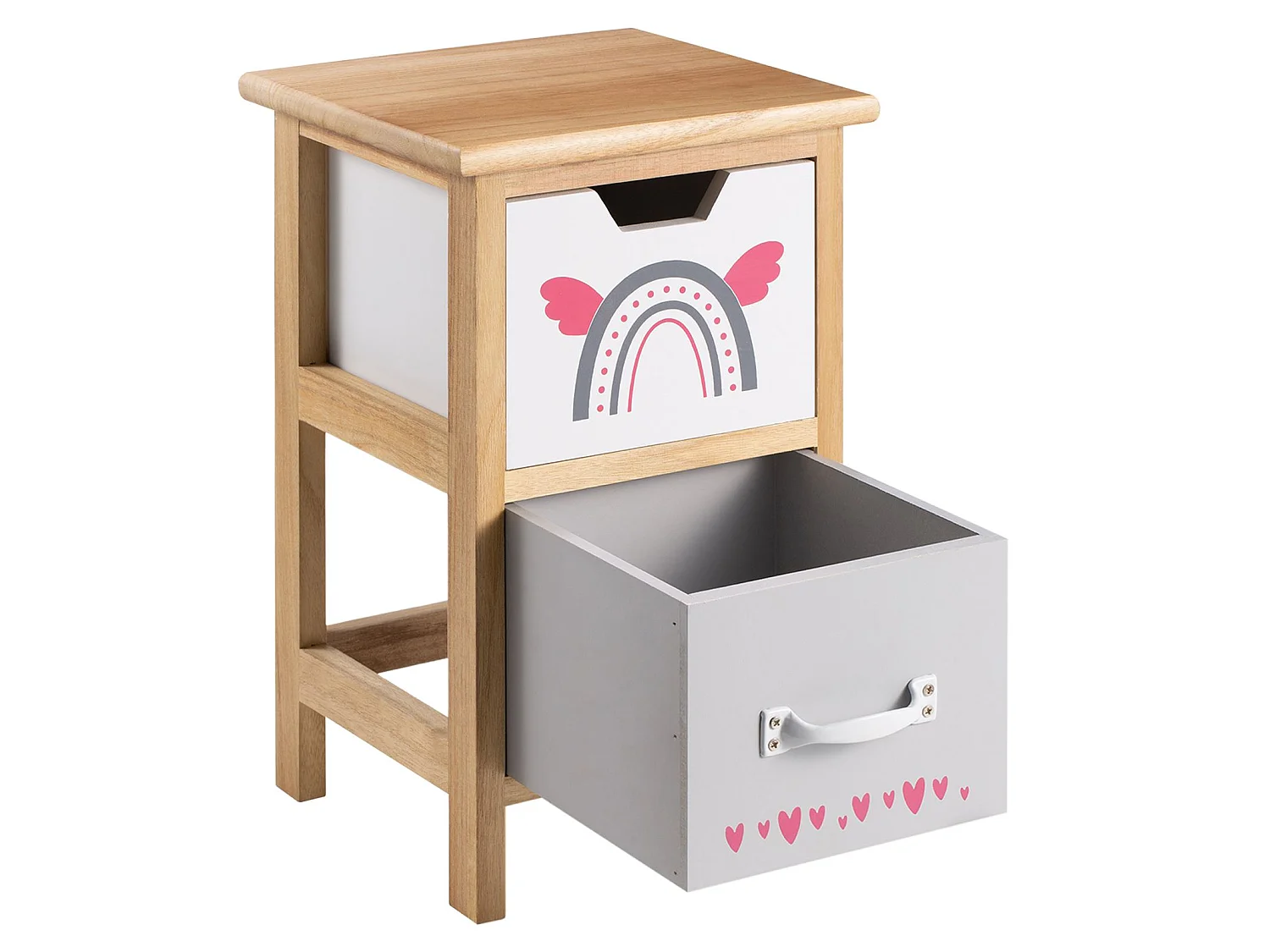 Table de chevet enfant ESTA petite commode en bois de paulownia naturel, 2 tiroirs gris et blanc aux motifs arc-en-ciel