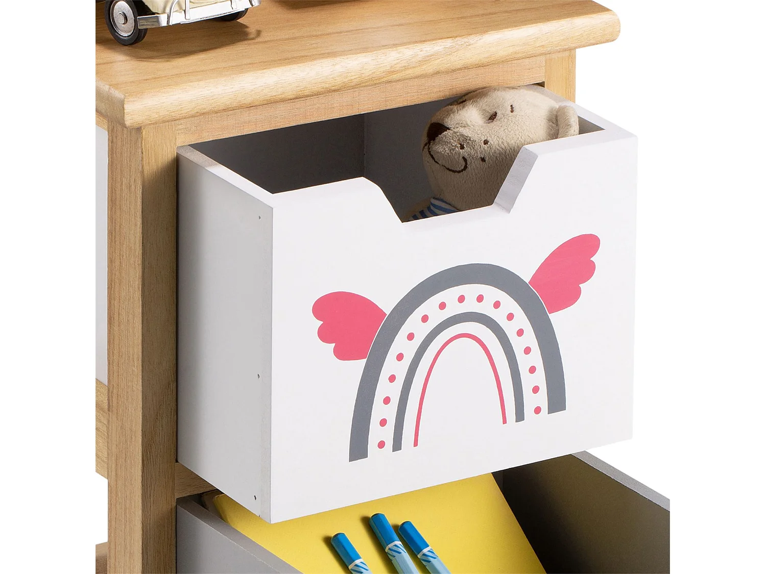 Table de chevet enfant ESTA petite commode en bois de paulownia naturel, 2 tiroirs gris et blanc aux motifs arc-en-ciel