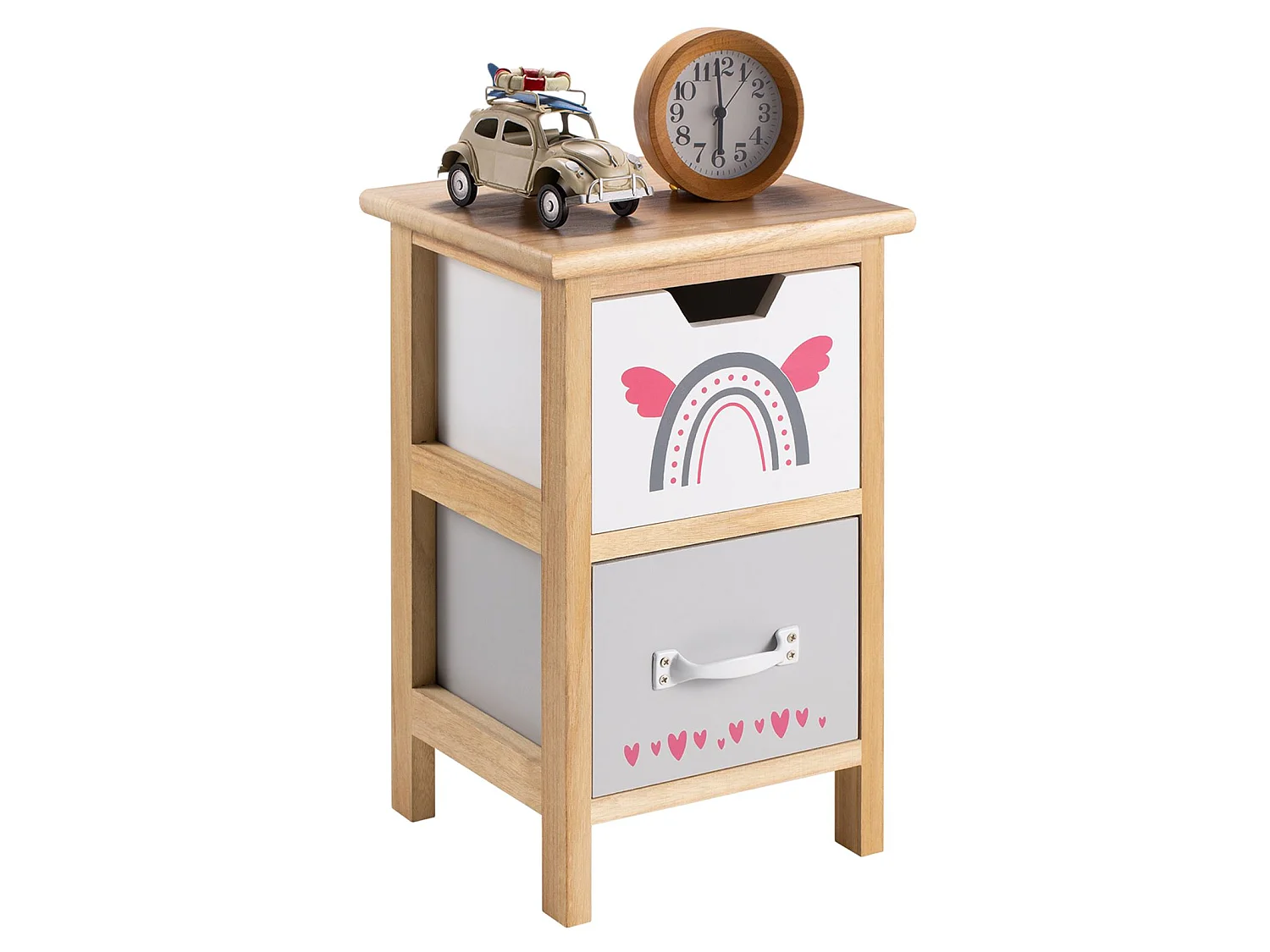 Table de chevet enfant ESTA petite commode en bois de paulownia naturel, 2 tiroirs gris et blanc aux motifs arc-en-ciel