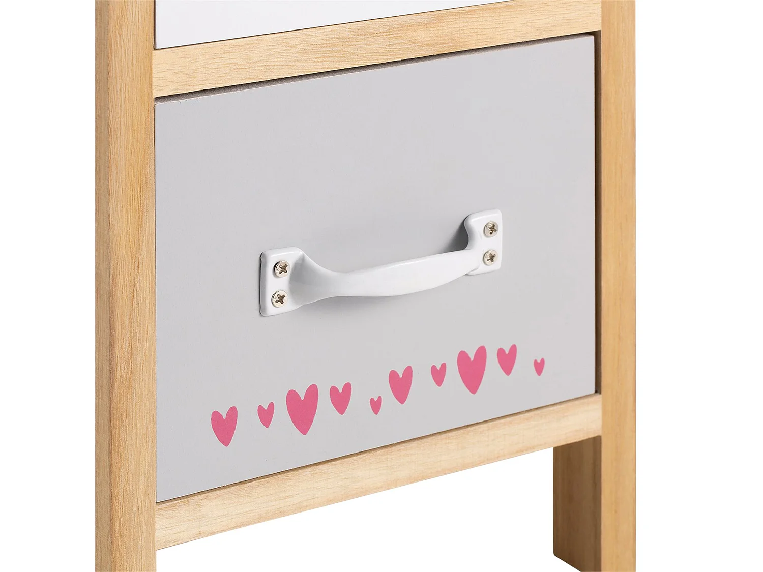 Table de chevet enfant ESTA petite commode en bois de paulownia naturel, 2 tiroirs gris et blanc aux motifs arc-en-ciel