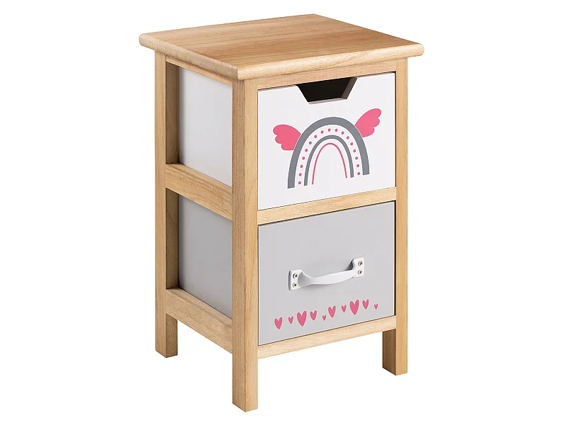 Table de chevet enfant ESTA petite commode en bois de paulownia naturel, 2 tiroirs gris et blanc aux motifs arc-en-ciel