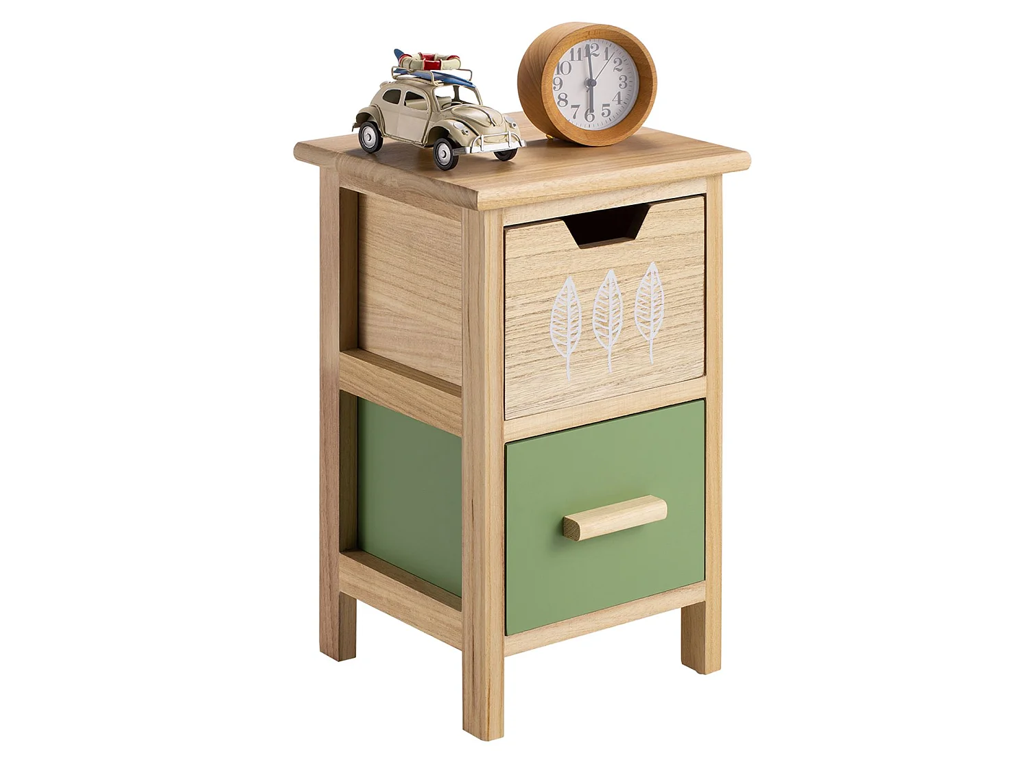 Table de chevet enfant ESTA petite commode en bois de paulownia naturel, 2 tiroirs vert et naturel aux motifs feuilles