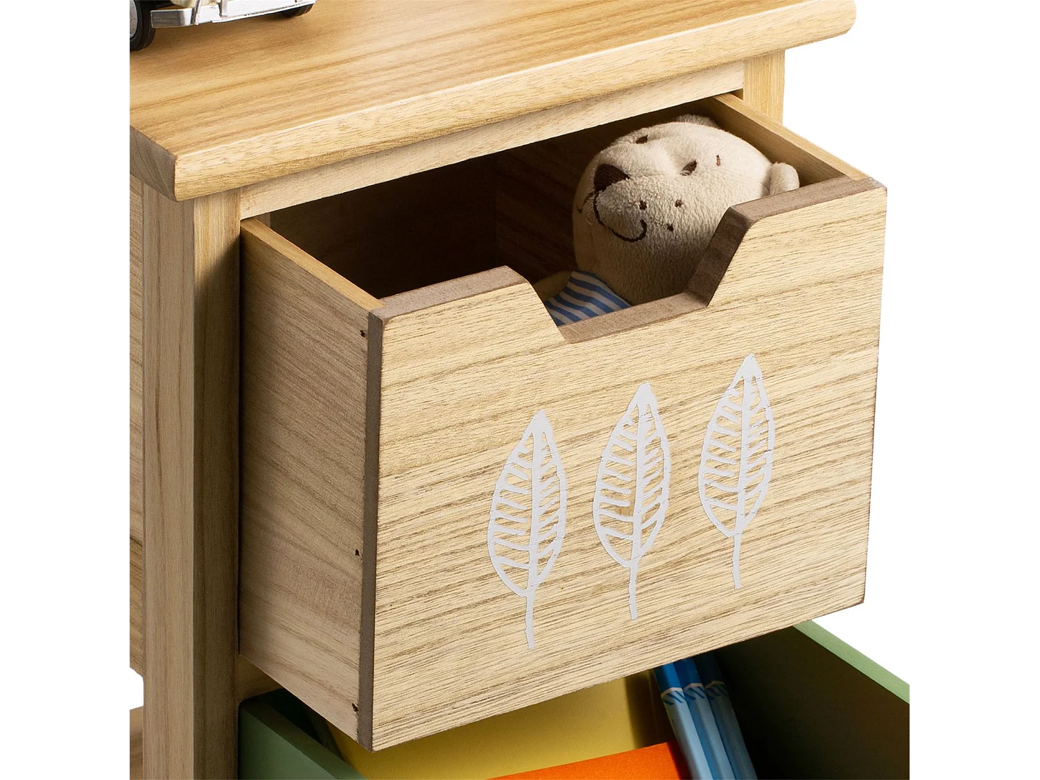 Table de chevet enfant ESTA petite commode en bois de paulownia naturel, 2 tiroirs vert et naturel aux motifs feuilles