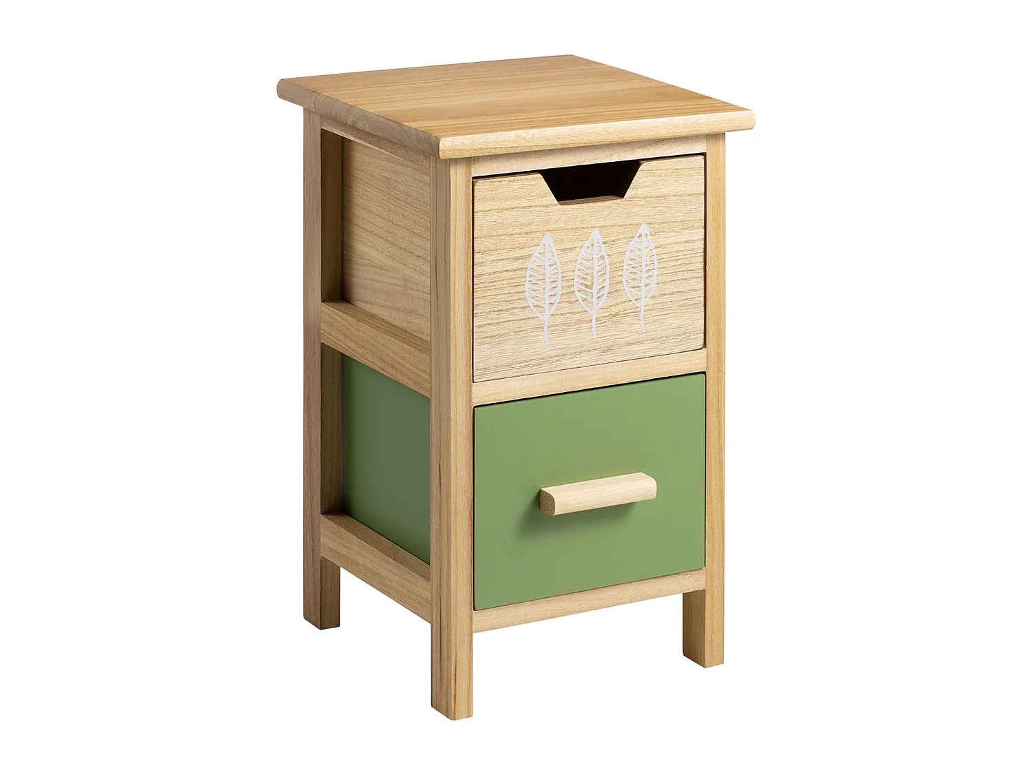 Table de chevet enfant ESTA petite commode en bois de paulownia naturel, 2 tiroirs vert et naturel aux motifs feuilles