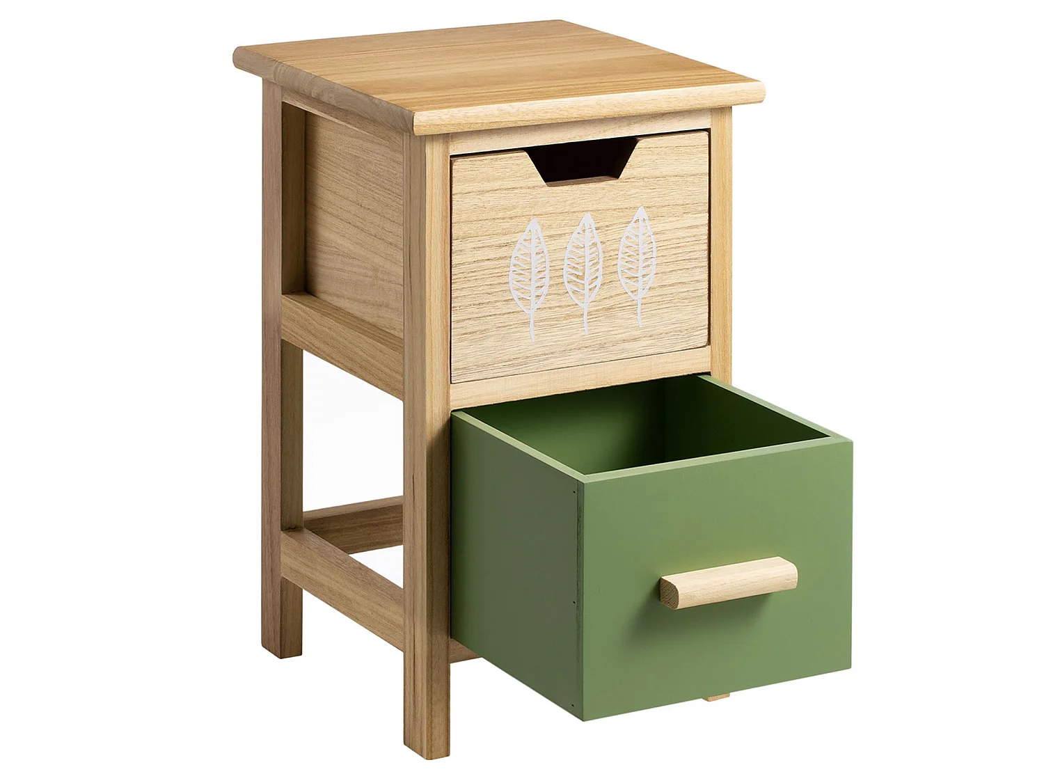 Table de chevet enfant ESTA petite commode en bois de paulownia naturel, 2 tiroirs vert et naturel aux motifs feuilles