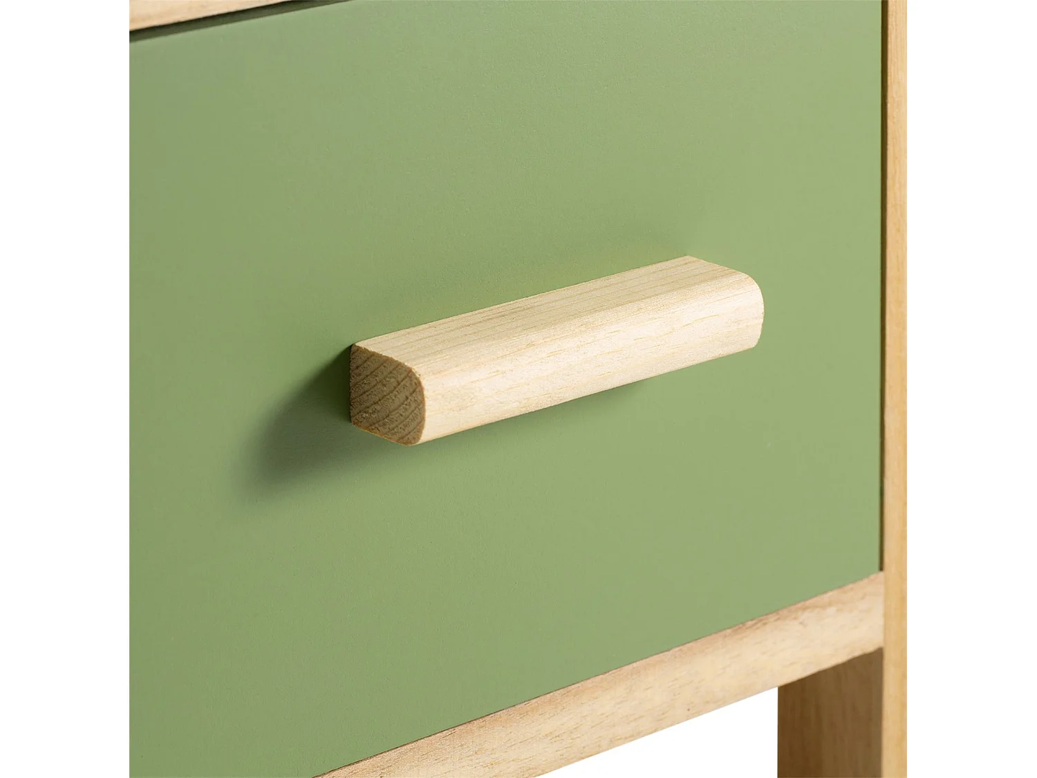 Table de chevet enfant ESTA petite commode en bois de paulownia naturel, 2 tiroirs vert et naturel aux motifs feuilles