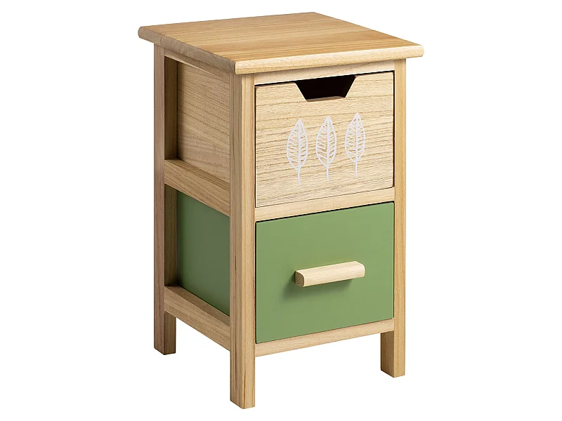 Table de chevet enfant ESTA petite commode en bois de paulownia naturel, 2 tiroirs vert et naturel aux motifs feuilles