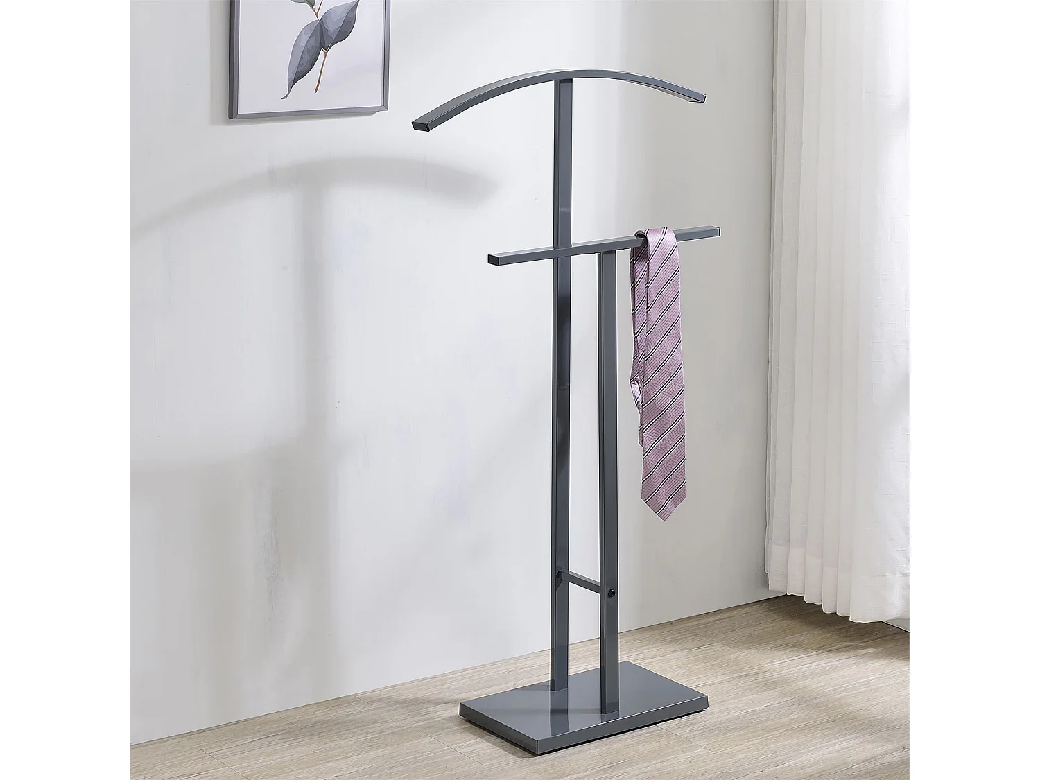 Valet de chambre SCOTT chevalet de nuit avec cintre et portant pour vêtements, socle rectangulaire et tubes en métal laqué gris