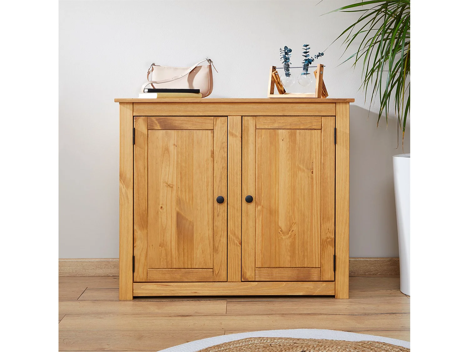 Buffet 2 portes CANCUN, meuble de rangement en bois avec 3 étagères intérieures, bahut de salon en pin massif