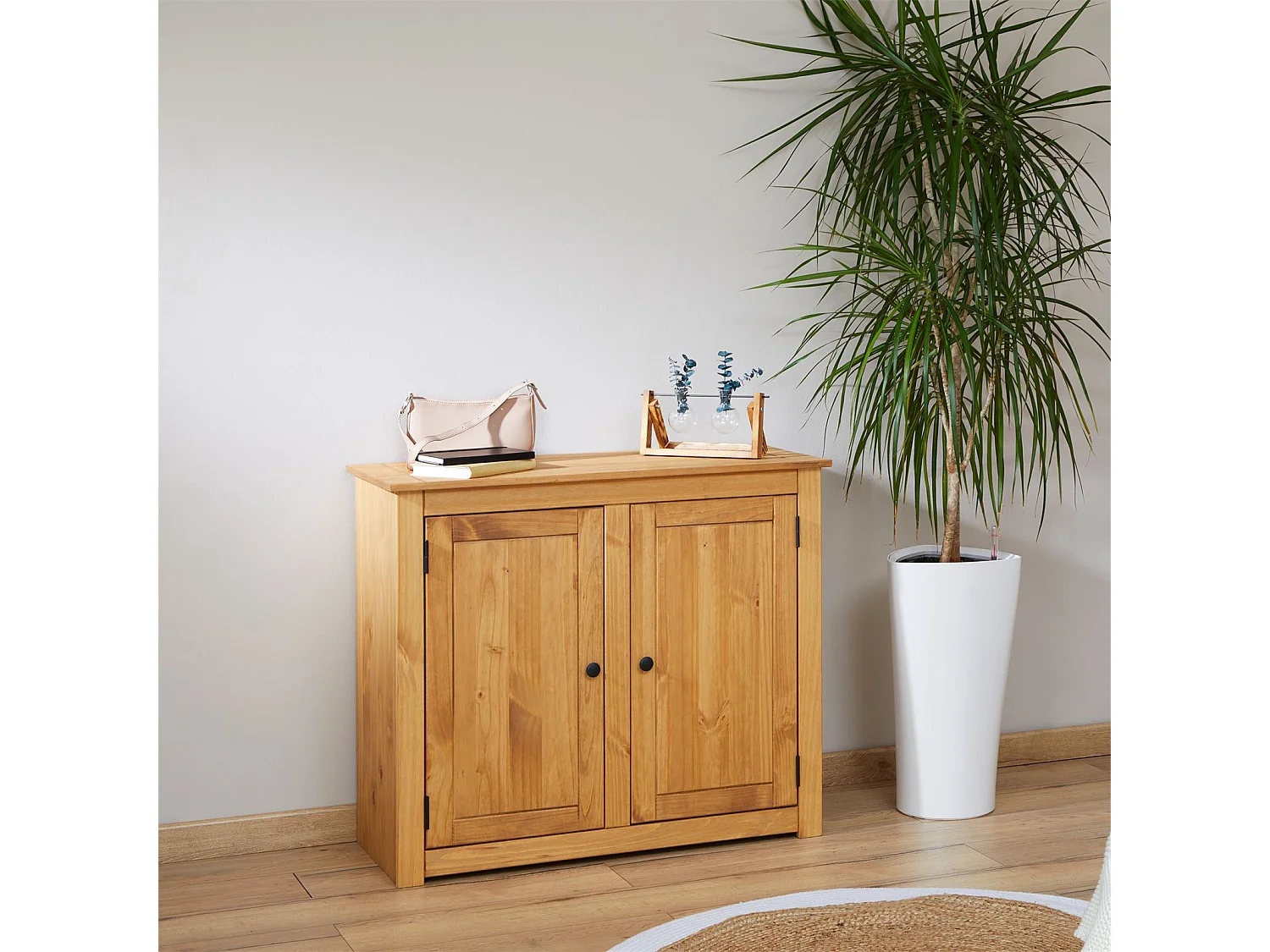 Buffet 2 portes CANCUN, meuble de rangement en bois avec 3 étagères intérieures, bahut de salon en pin massif