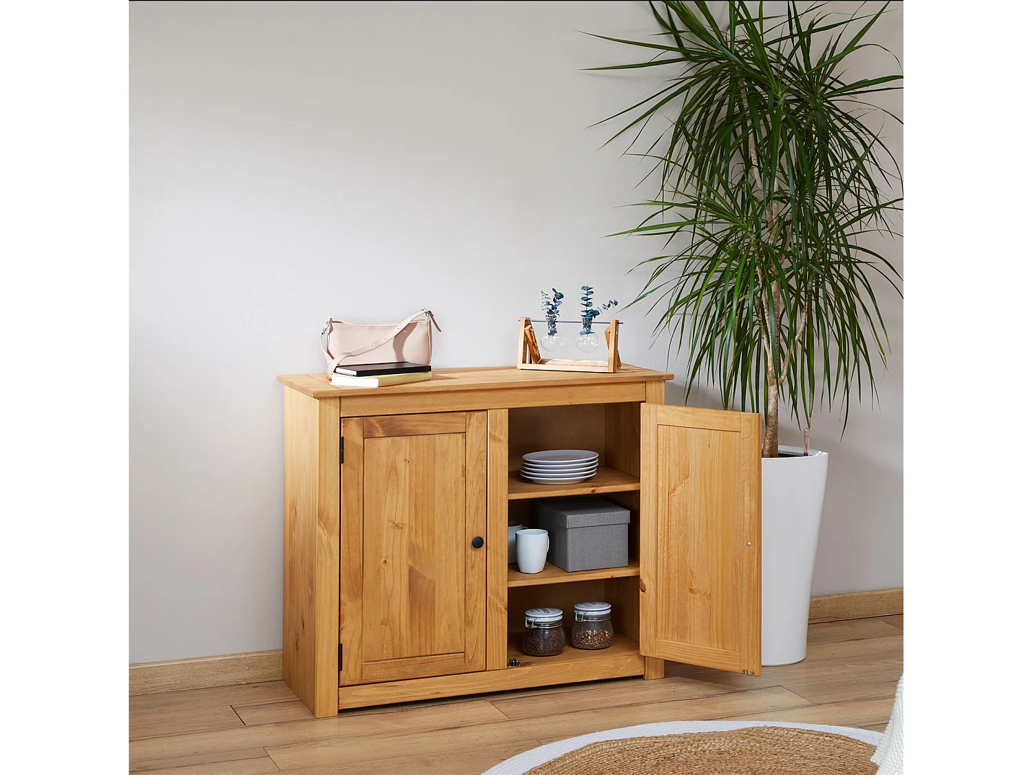 Buffet 2 portes CANCUN, meuble de rangement en bois avec 3 étagères intérieures, bahut de salon en pin massif