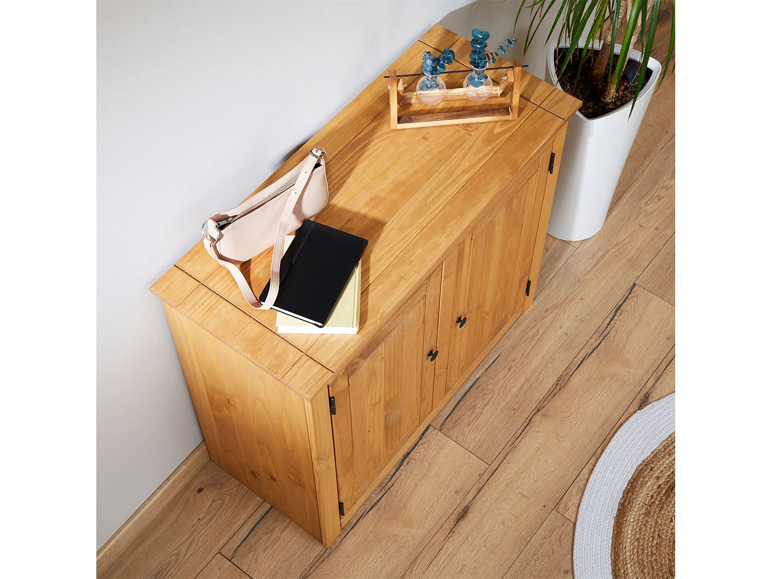 Buffet 2 portes CANCUN, meuble de rangement en bois avec 3 étagères intérieures, bahut de salon en pin massif