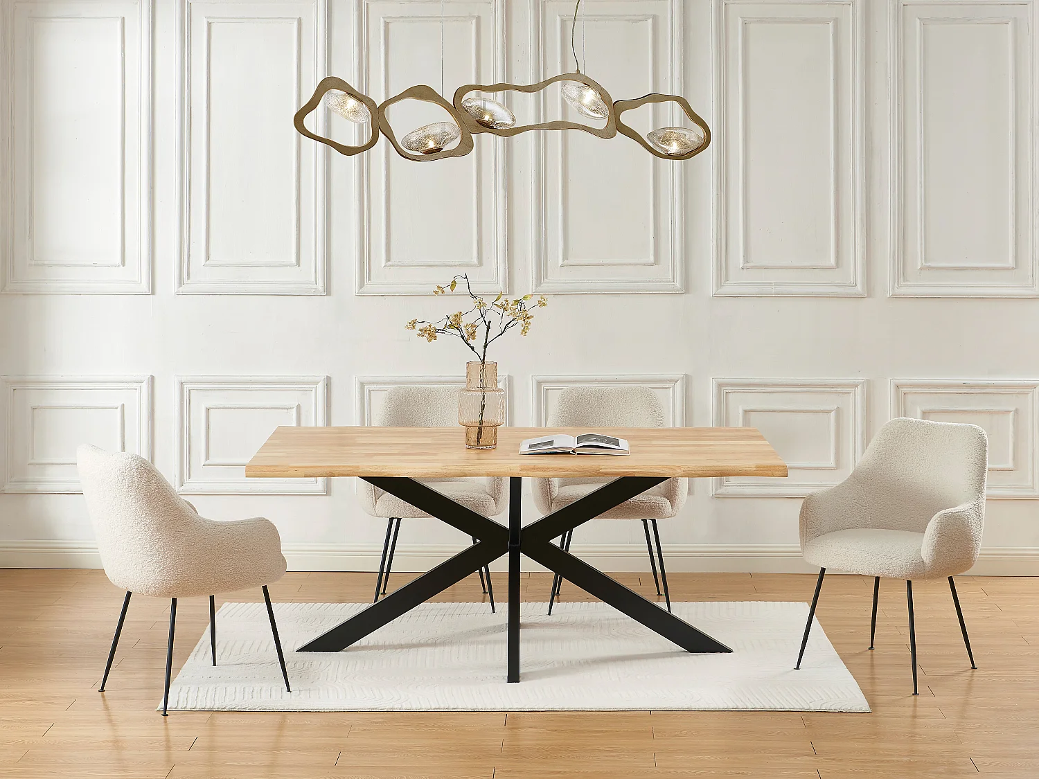 Table à manger 6 personnes en bois d'hévéa et métal noir - Naturel clair - COMULIA