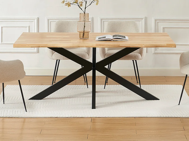 Table à manger 6 personnes en bois d'hévéa et métal noir - Naturel clair - COMULIA