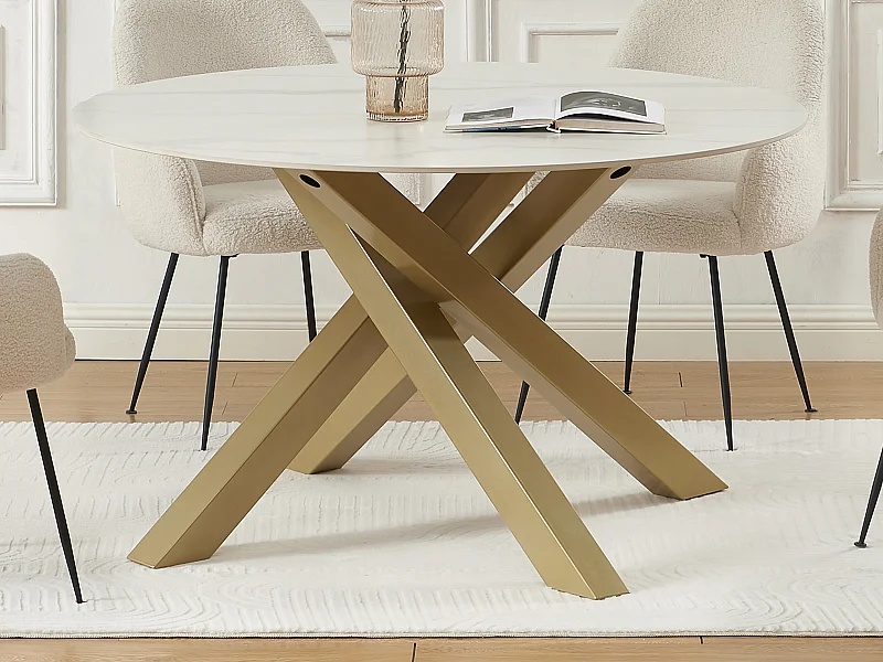 Table à manger ronde 4 personnes en céramique et métal doré - Effet marbre blanc - LENUMIA de Pascal Morabito
