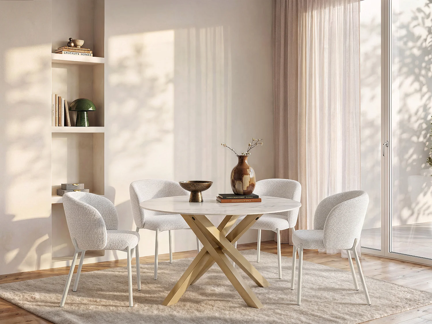 Round dining table for 4 cm ceramic and gold metal - White marble effect - LENUMIA