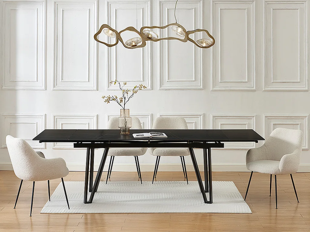 Table à manger extensible 6 à 10 personnes en céramique et métal - Effet marbre noir - SARINO