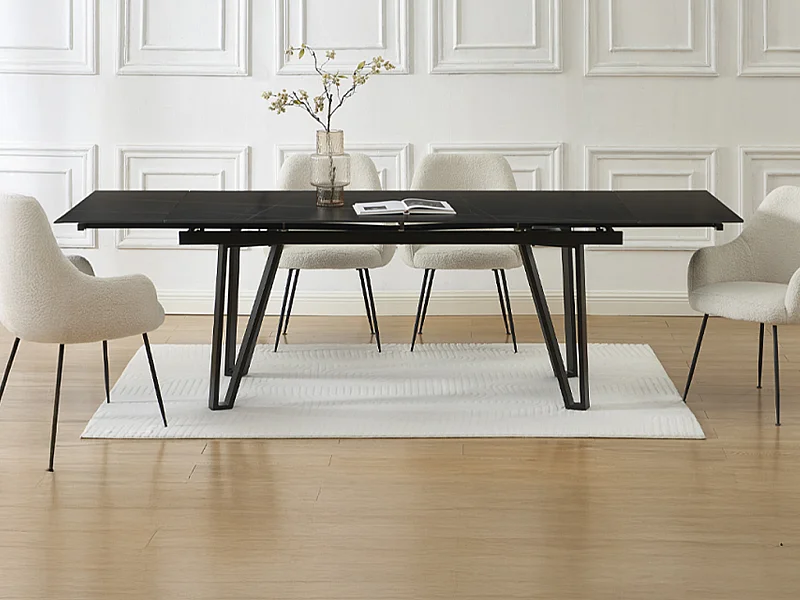 Table à manger extensible 6 à 10 personnes en céramique et métal - Effet marbre noir - SARINO