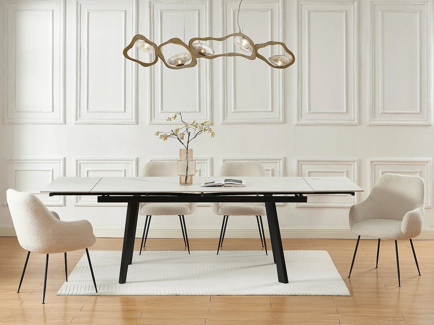 Table à manger extensible 6 à 10 personnes en céramique et métal - Effet marbre blanc et noir - MARVENA