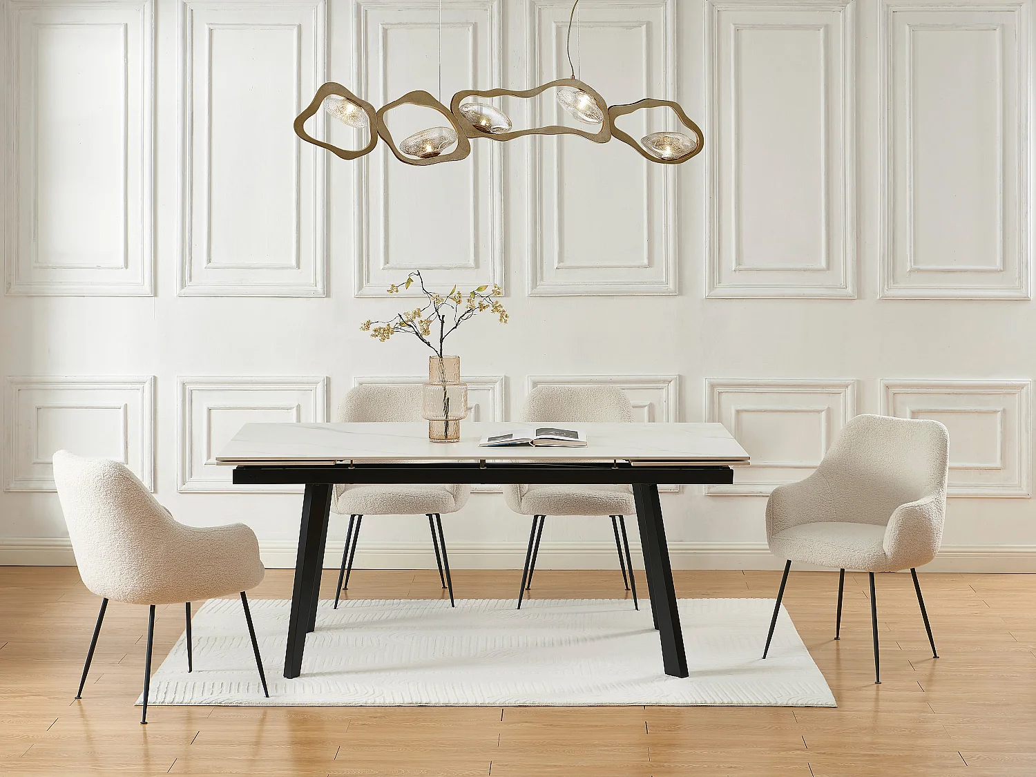 Table à manger extensible 6 à 10 personnes en céramique et métal - Effet marbre blanc et noir - MARVENA