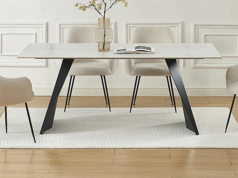 Eettafel voor 6 personen in keramiek en metaal - Witte marmerlook en zwart - NIOLEA