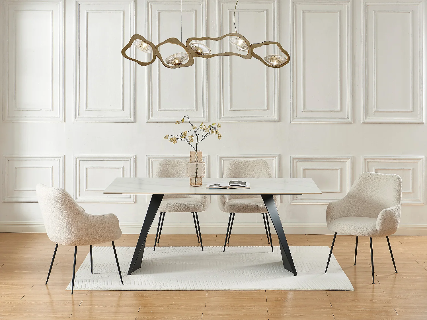 Table à manger 6 personnes en céramique et métal - Effet marbre blanc et Noir - NIOLEA