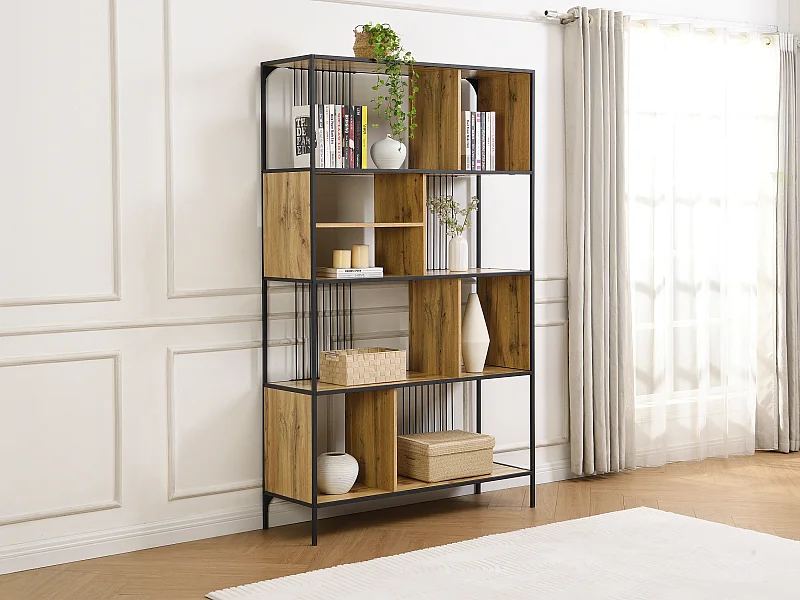 Regal mit 9 Fächern - MDF & Stahl - Holzfarben & Schwarz - LEMAVIA