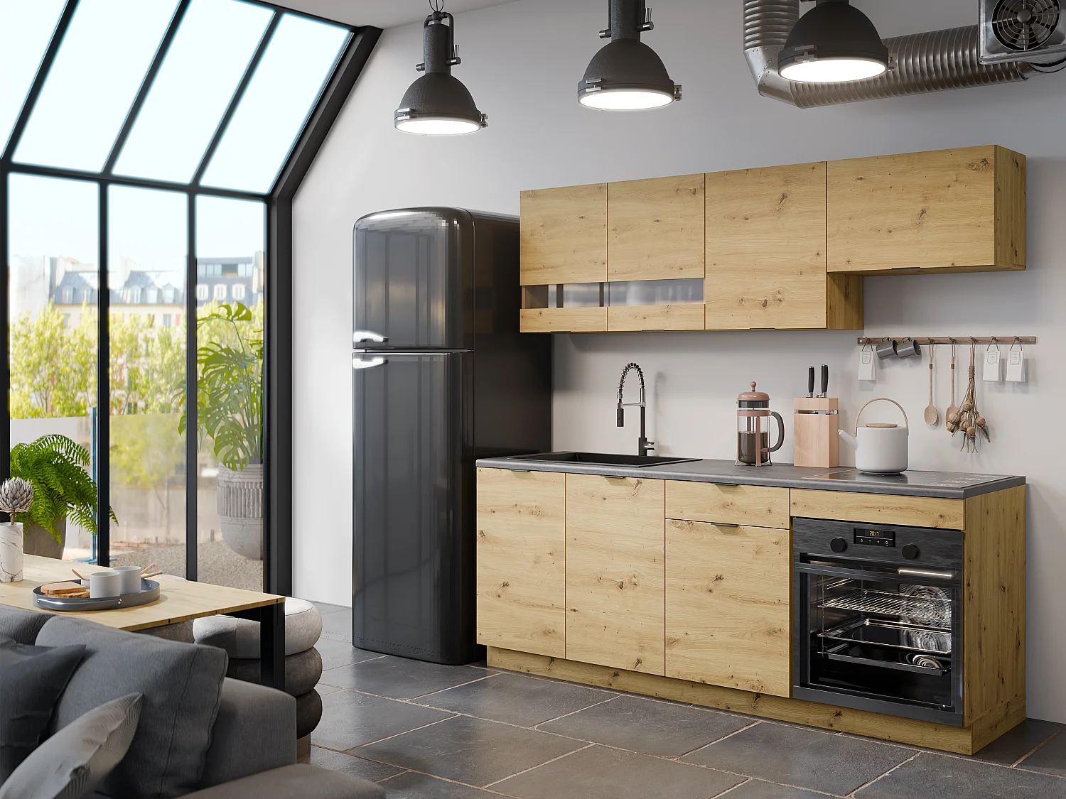 Cuisine complète - Avec plan de travail 200 cm - Naturel et Anthracite - CARMEO