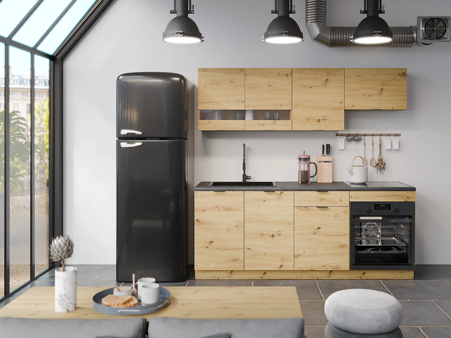 Cocina completa - 200 cm - 6 muebles de almacenamiento - Natural y Antracita - CARMEO