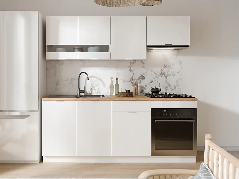 Cuisine complète - Avec plan de travail 200 cm - Blanc et Naturel - CARMEO