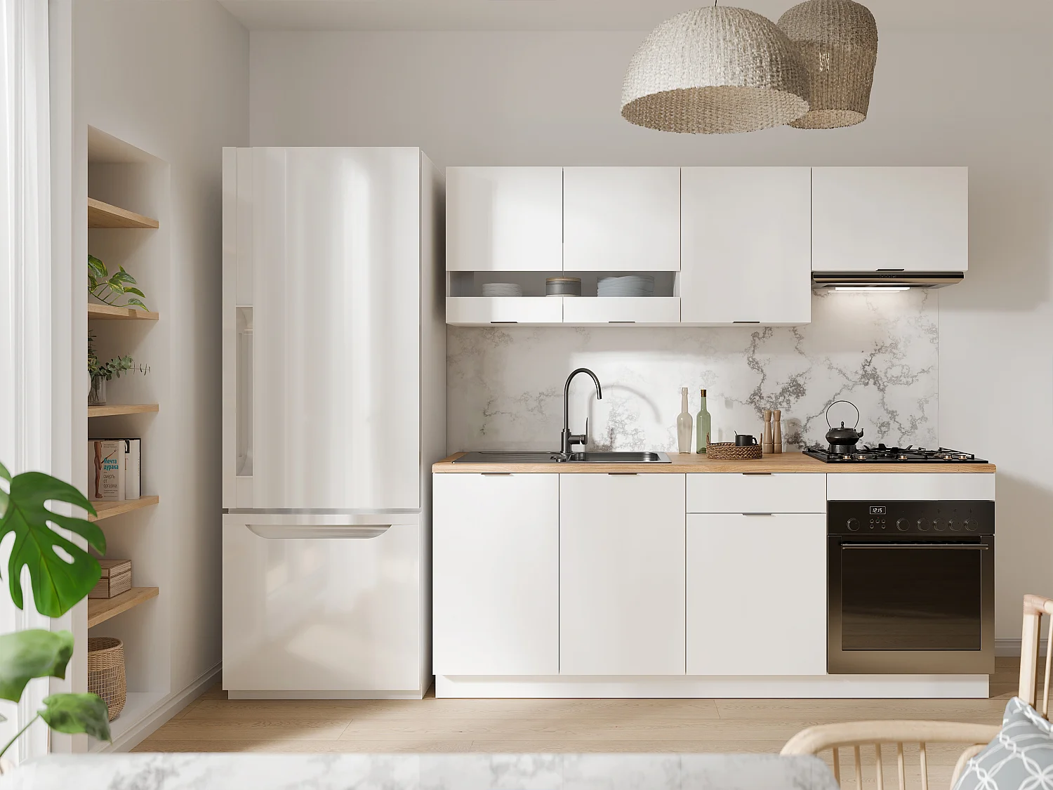 Cuisine complète - Avec plan de travail 200 cm - Blanc et Naturel - CARMEO