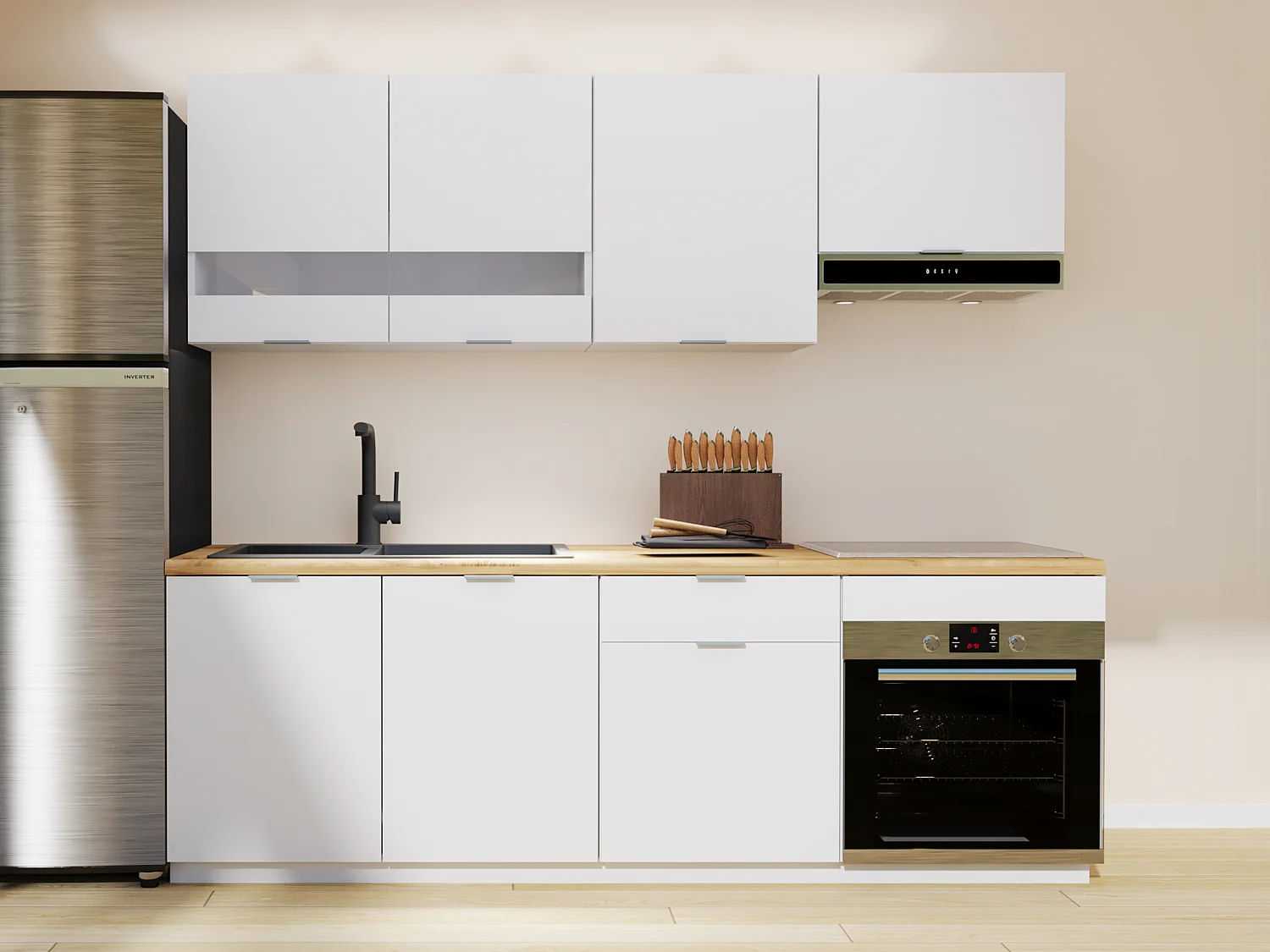 Cozinha completa - Com bancada 200 cm - Branco e Natural - CARMEO
