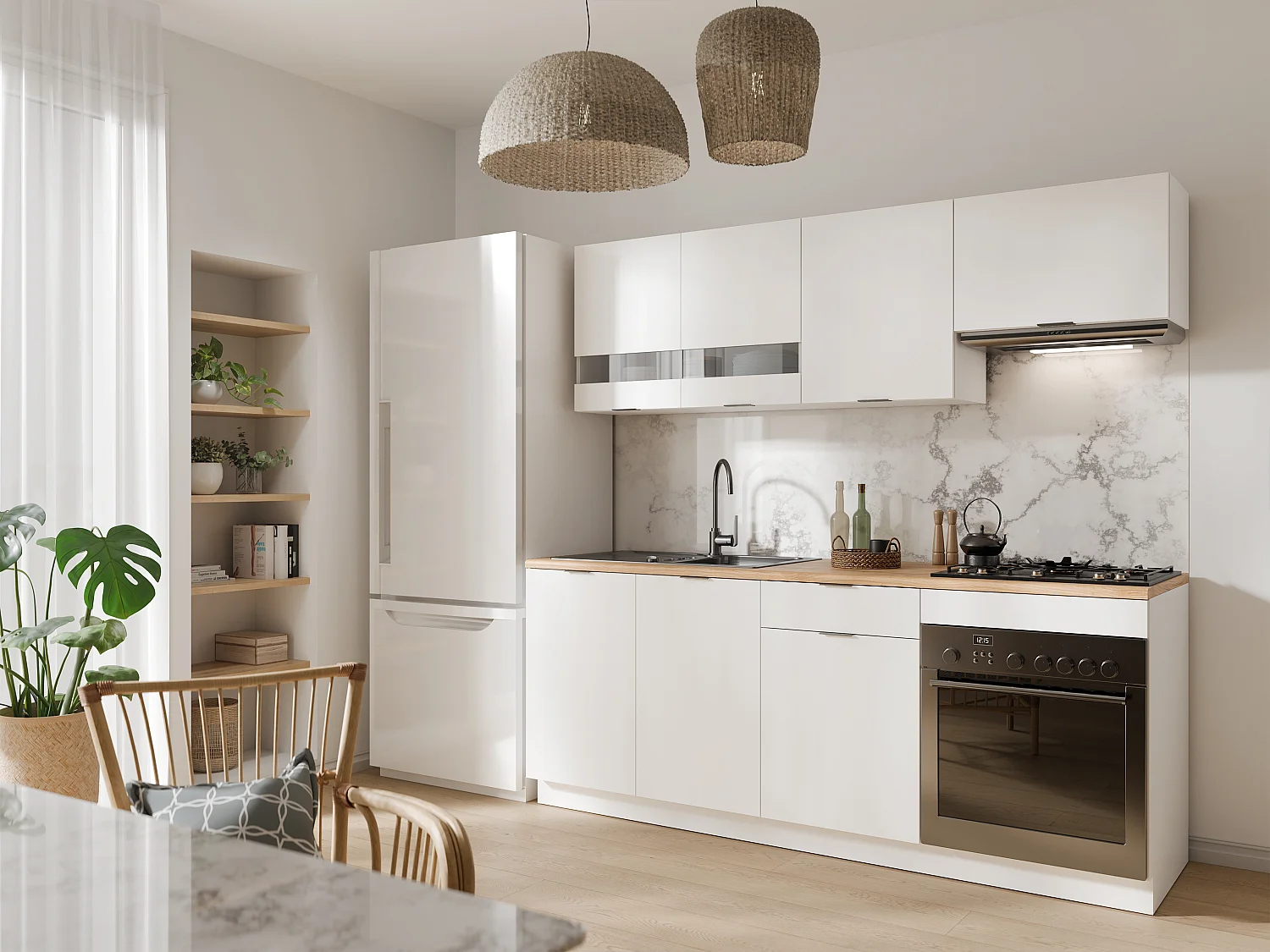 Cozinha completa - Com bancada 200 cm - Branco e Natural - CARMEO