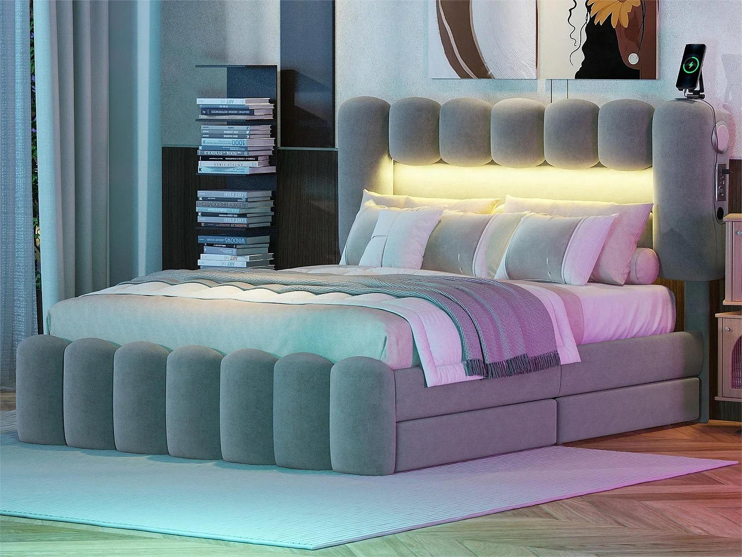 Bett 140 x 200 cm mit 4 Schubladen – LEDs und USB – Samt – Grau