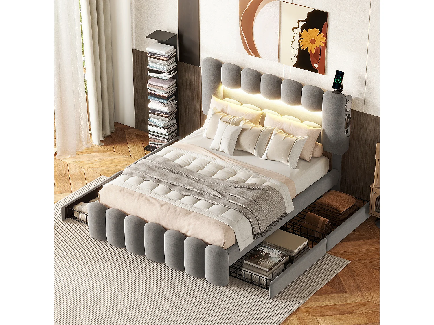 Bett 140 x 200 cm mit 4 Schubladen – LEDs und USB – Samt – Grau