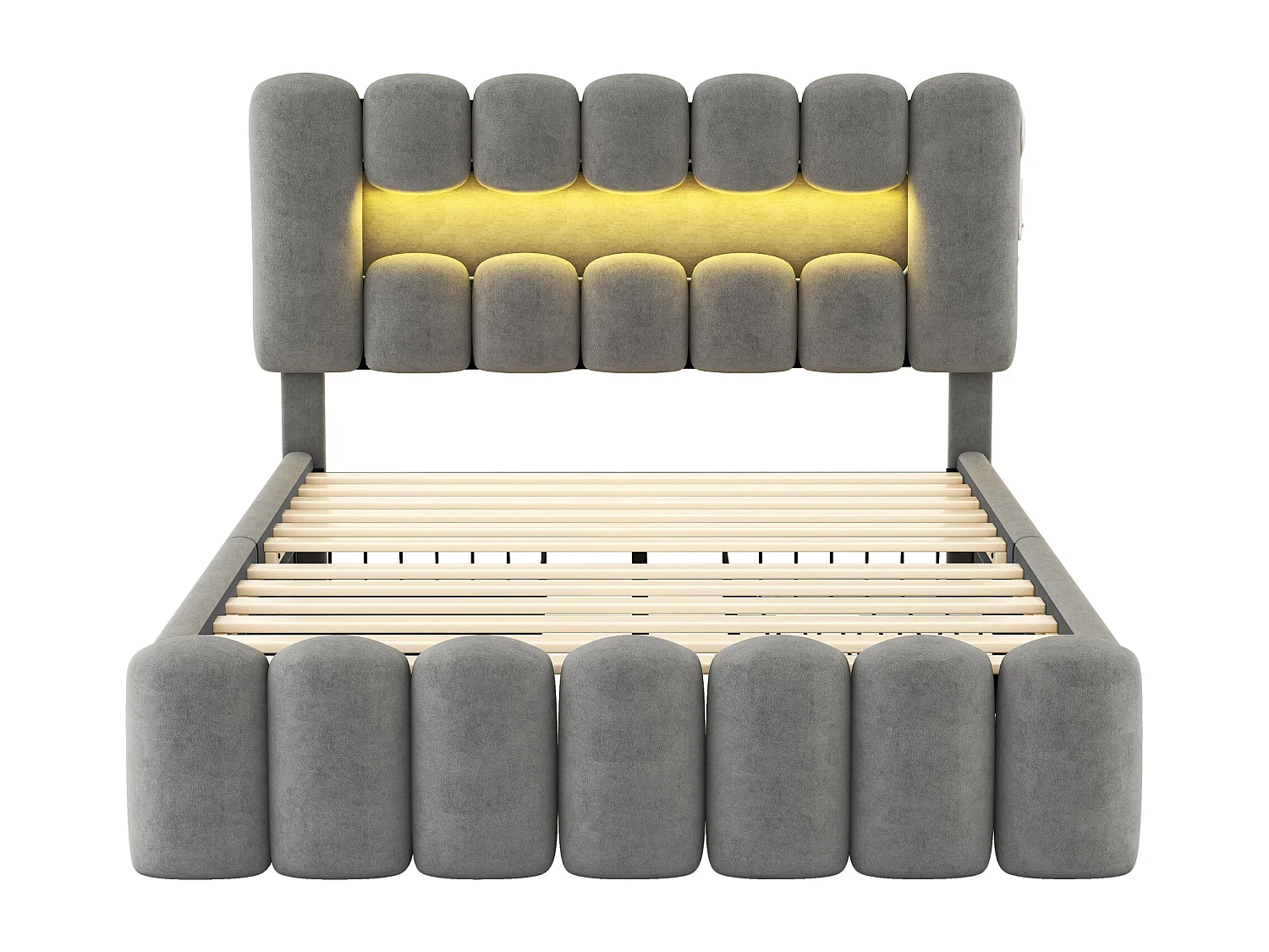 Bett 140 x 200 cm mit 4 Schubladen – LEDs und USB – Samt – Grau