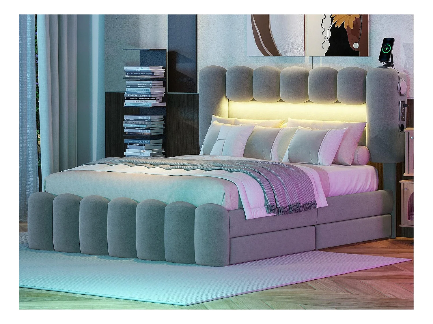 Lit 140 x 200 cm avec 4 tiroirs - LEDs et USB - Velours - Gris