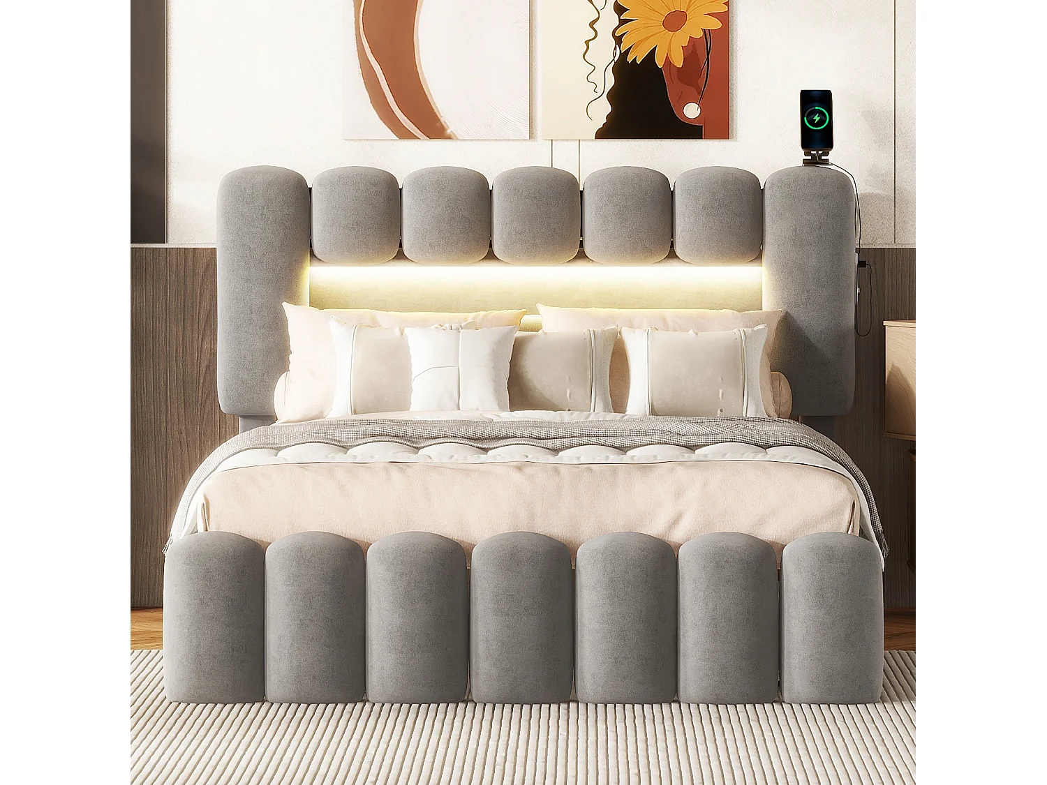 Bed 140 x 200 cm met 4 lades - LED's en USB - Fluweel - Grijs